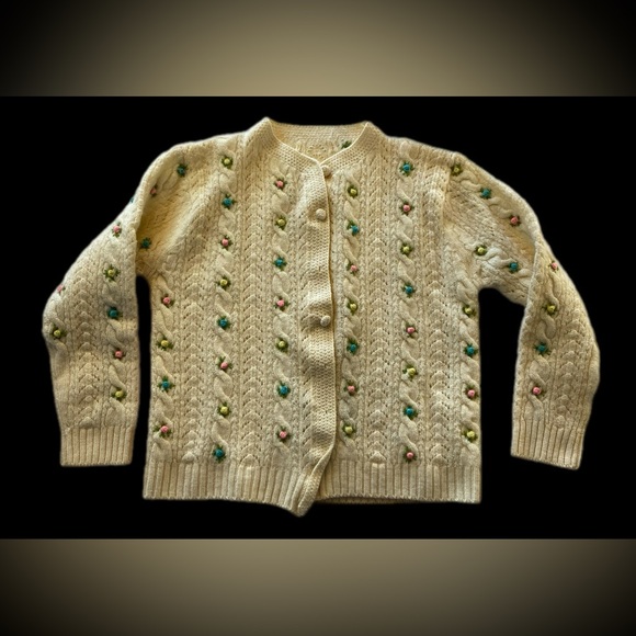 unknown Sweaters - Cream Knit Cardigan with Colorful rose accents